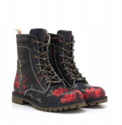  Női fekete bokacsizma Goby macskás mintával és piros virágokkal WMAT186 36 (22363)