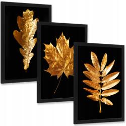 BELATONI Arany Levelek képek glamour arany otthoni nappaliba 3 darabos poszter keretben (Złote Liście)