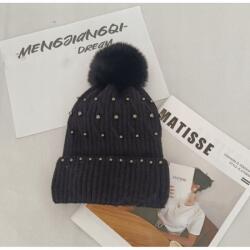 Ecarla Kötött Téli Sapka Pomponnal és Gyöngyökkel, Fekete (CZ35WZ4)