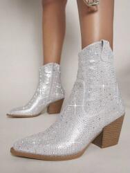 Shein LC54210 Shein Ezüst Magassarkú Bokacsizma Strasszokkal Díszítve (4) 36, 5 (sx2306299229434232)