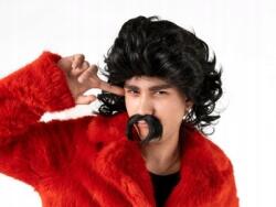 Party Deco Paróka, hosszú hajjal és bajusszal, fekete (#P11203)