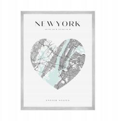  New York Usa Várostérkép poszter, szívvel, 21x29, 7 cm ezüst színű keret (MP1-0011_21X29,7,039)