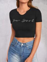 Shein Pamut Felső Strasszokkal, Fekete Casual Felirattal Shein S 36