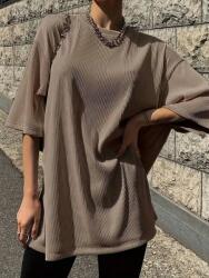 Shein KC74305 Shein Bordázott Bézs Oversize Póló (4) S