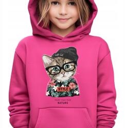  Gyerek Kapucnis Pulóver 116 cm Málna Színű Aranyos Macska Mintával Stílusos Több Mintával (Bluza Dziecięca Malinowa)