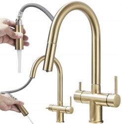 MYQualife Konyhai Csaptelep Háromutas Szűrő Kihúzható Kifolyócső Arany (MQ K02156 CZ)