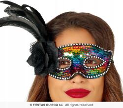Fiestas Guirca Velencei Maszk, Flitteres, Színes, Tollal és Virággal (#P7298^c)