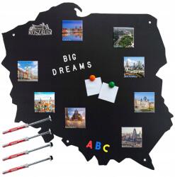  Mágneses Tábla Lengyel Térkép Utazási Mágnesekkel Fém, Fekete, Nagy Méret (Tablica magnetyczna)