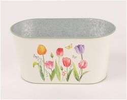  Bádog kaspó, ovális, tulipános, fehér