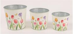 Bádog kaspó szett tulipán mintás, fehér