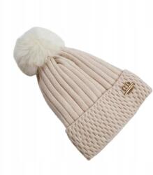 Ecarla Krémszínű Kötött Téli Sapka Pomponnal és Rátéttel (CZ33WZ1)