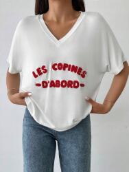 Shein Laza Viszkóz Póló V-nyakkivágással Fehér Casual Felirattal Shein L 40