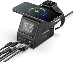  BlitzWolf® BW-FW10 - 240W-os asztali gyorstöltő és ébresztő óra, 6db USB töltőport (Type-C és USB-A) + vezeték nélküli töltés