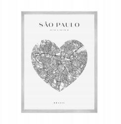  Sao Paulo, Brazília várostérkép plakát, Amerika, szív motívum, 21x29, 7 cm, ezüst keretben (MP1-0122_21X29,7,039)