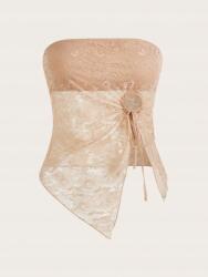 Shein Top Crop Szexi Csipkés Aszimmetrikus Bézs Casual Shein L 40