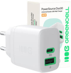 Green Cell GreenCell PowerSource Duo30 Töltő USB/USB-C; Fehér; 30W Power Delivery Hálózati AdapterCHARB-GC-30AC-W
