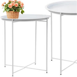 Verk Group Fehér színű, kerek, összecsukható és tálcás fém kávézóasztal teraszra és balkonra (27492)