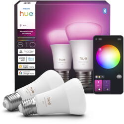 Philips Set 2 becuri smart RGB Philips Hue WCA 810, A60, E27, 810 lm, 60 W, lumina alba si colorata (1000-20.000K), control vocal, clasa energetica D (929003853405)