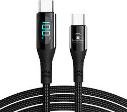 Prestige Charge Cablu USB-C la USB-C 100W PD 3.0, PRESTIGE CHARGE, Transfer Date si Incarcare SuperFastCharge 2.0, Cu Display, Pentru Laptop/Telefon/Tableta, 1m, Negru Textil