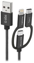 SBS 3in1 USB kábel, 1.2m, fekete (TECABLEUSBIP531BW) (TECABLEUSBIP531BW)