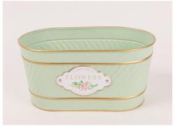  Bádog kaspó, ovális, felirattal, zöld