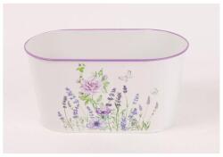  Bádog kaspó, ovális, lila virág, fehér
