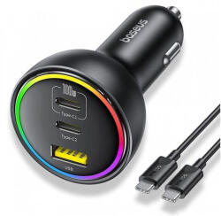 Baseus autós töltő 2 Type-C aljzat - 152.5W, PD gyorstöltő 3.0 + Type-C kábel (C00036101111-00) fekete