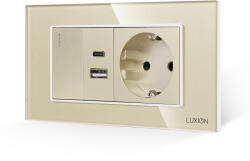 Luxion Intrerupator Simplu + Priza USB A+C + Priza Schuko cu Rama din Sticla LUXION, Standard Italian, 4M - culoare auriu