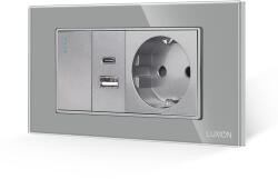 Luxion Intrerupator Simplu + Priza USB A+C + Priza Schuko cu Rama din Sticla LUXION, Standard Italian, 4M - culoare gri