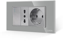 Luxion Intrerupator Simplu + Priza Ingusta + Priza Schuko cu Rama din Sticla LUXION, Standard Italian, 4M - culoare gri