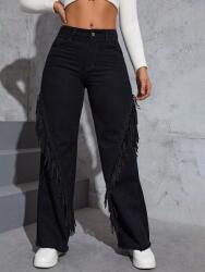 Shein Fekete Klasszikus Farmer Nadrág Egyenes Szár Rojtos Cipzár Shein 28