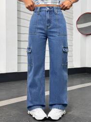 Shein Kék Egyenes Szárú Farmernadrág Magas Derekú Cargo Klasszikus Shein Xxs