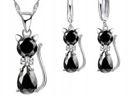  Ezüst cica ékszer szett fekete kristályokkal nyaklánc