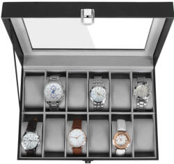 SONGMICS 12 Rekeszes Óratartó Doboz Üvegfedéllel Fekete (EUZ-JWB12BK) - platinashop