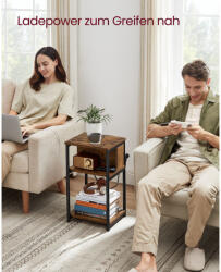 VASAGLE Oldalsó Asztal Éjjeliszekrény Beépített Aljzattal 2 AC és 2 USB Porttal Vintage Barna Fekete (EUZ-LET375KD01) - platinashop