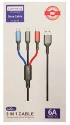  Letang LT-ET-06 3in1 szövet borítású adatkábel, Micro USB, Type-C, Lightning 8pin, 6A, 1.2m