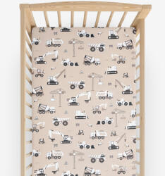Goldea gyerek körgumis pamut lepedő kiságyba - teherautók és markolók bézs alapon 70 x 140 cm