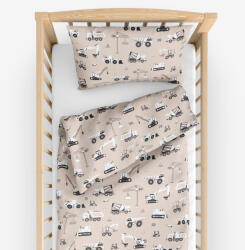 Goldea gyerek pamut ágyneműhuzat kiságyba - teherautók és markolók bézs alapon 110 x 125 és 35 x 55 cm