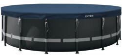 Intex Kerek medencetakaró, Intex Deluxe négyévszakos, csővázas medencéhez, 549 cm átmérő, sötétkék, UV-álló háromrétegű anyag, 20 cm-es túlnyúlással, köteles rögzítéssel (28085) (28085)