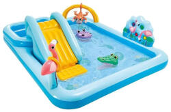 Intex Felfújható vízi játék, Intex, Dzsungel kalandjáték központ, 244 × 198 × 71 cm, többszínű, dzsungel mintás, csúszdával, két medencével, felfújható figurákkal és labdákkal (57161) (57161)