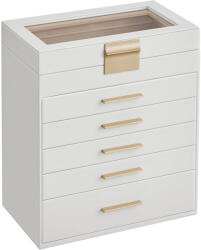 Brius Cutie bijuterii 6 niveluri, cu capac din sticla si 5 sertare, 16x25x29 cm, alb auriu (EZ-JBC171W01)