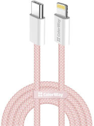 ColorWay Kábel Type-C CW-CBPDCL061-P, Apple Lightning, fonott pamut, PD 27W, 1M rózsaszín (CW-CBPDCL061-P)