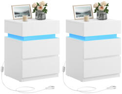 VASAGLE 2 db éjjeliszekrény LED világítással, 3 fiókos, fehér 35x40x55cm