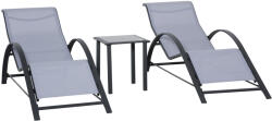 Outsunny Set de 2 Șezlonguri Confortabile și Măsuță cu Blat din Sticlă, 59x169x66 cm, Gri Deschis