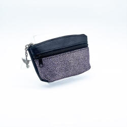 Amnisu fekete erezett / lila mozaik mintás kettő cipzáras bőr kulcstartó b8028-4028