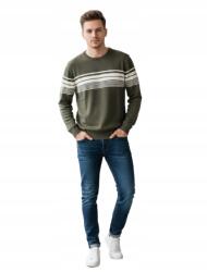 Indicode Férfi Pamut Pulóver Khaki Csíkos Kerek Nyakkivágással L Rd
