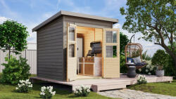 Karibu Merseburg 3. kis fa kerti tároló, fészer, modern tetővel, szürkére festett fából 212 cm x 154 cm