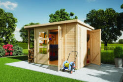 Karibu kertiház „Multifunkcionális fészer 19 mm-es tetővel Modern, natúr felületű fából készült, ferde tetővel