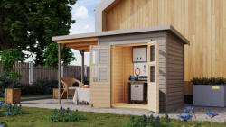 Karibu Merseburg 3. kis fa kerti tároló, fészer, tetővel és bővítménnyel/terasszal, modern dizájnnal, szürkére festett fából 370 cm x 154 cm