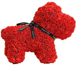 Aranjamente florale - Rose Puppy - Catelus floral 40 cm decorat manual cu trandafiri spuma in cutie Rosu